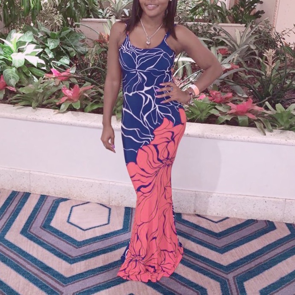Long blue and red dress